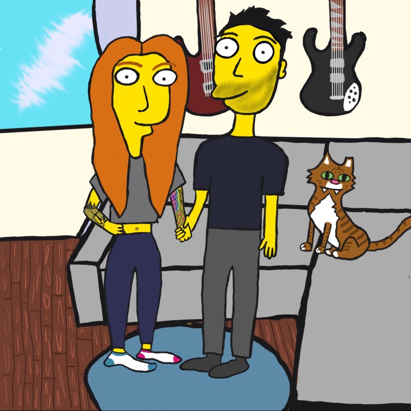 a woman, man and a cat drawn in the Simpson's cartoon style