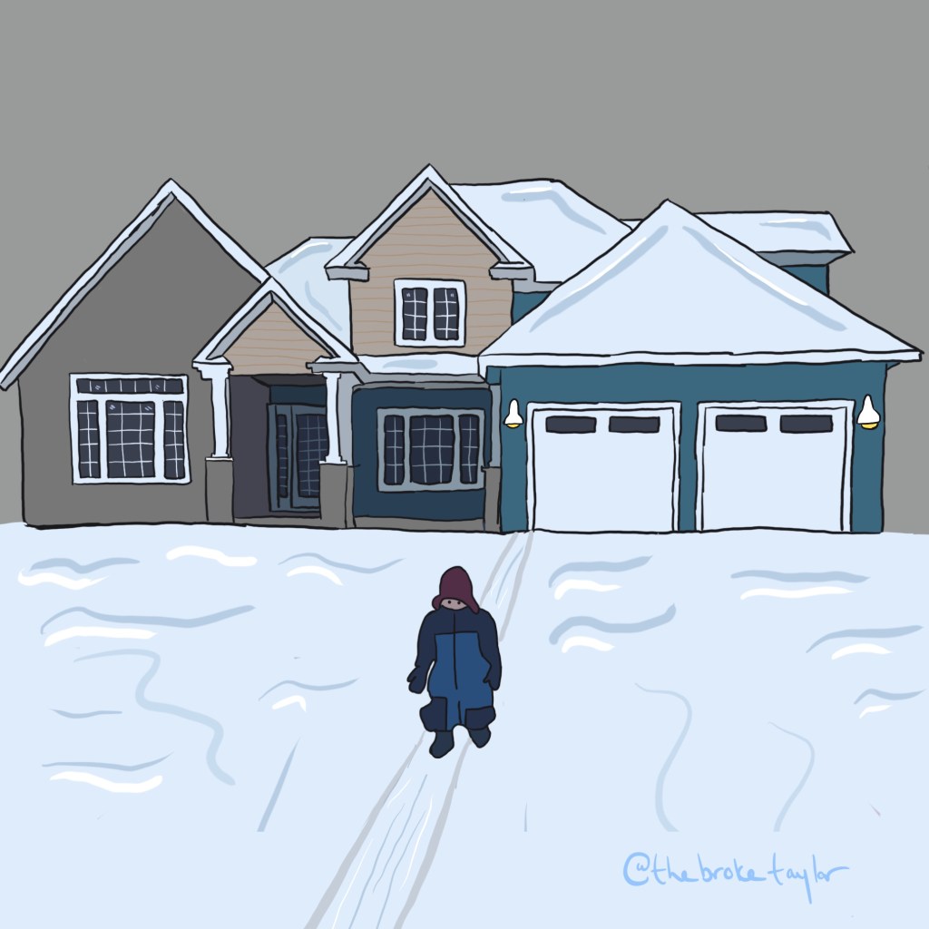 illustration of a toddler walking down a snowy driveway.