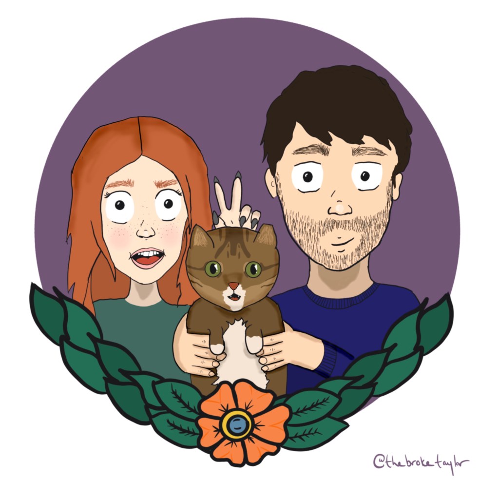 illustration of a white man and woman holding a cat